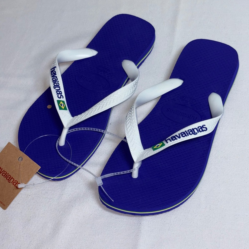 Havaianas Brasil Logo Flip Flops 9 - 10 Marine Blue NEW Striped Sole Sandals
